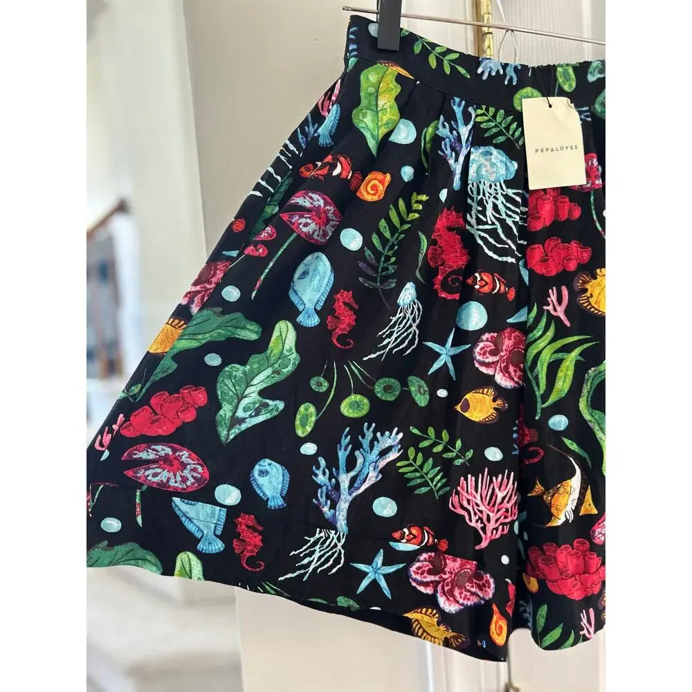 NWT Pepa Loves Black Wide Leg High Waist Trouser Short Sea Life Print